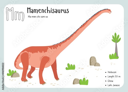Dinosaur Fact Flash Cards - Dinosaur Names Corresponding to the English Alphabet. Cute colorful vector illustration. Herbivore set. Dinosaur vegan. Set cards a-z dinosaur M. Mamenchisaurus