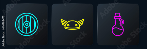 Set line Greek shield, Bottle of olive oil and Helmet with wings. Black square button. Vector