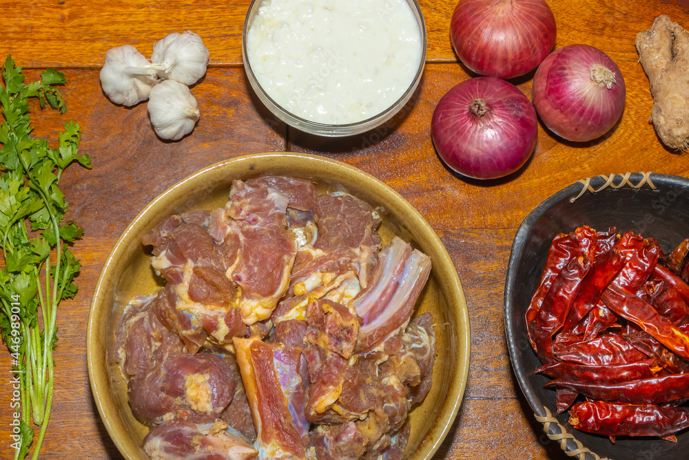 Preparation of ingredients for a mutton dish called Laal Maans a delicacy of Rajasthan India
Preparation of ingredients for a mutton dish called Laal Maans a delicacy of Rajasthan India