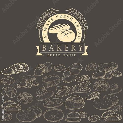 A collection of bread and bakery confectionery products. Rye, wheat and whole grain bread. French baguette and wicker bun. Croissants, bagels, slices of bread. The concept of a bakery in a retro style