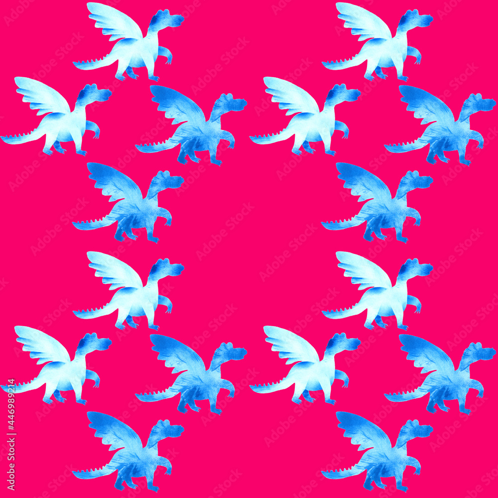 Dragon pattern in the technique of stencil printing on a pink background. For fabric,  wallpaper, wrapping paper.