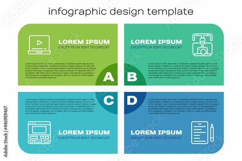 Set line Video recorder on laptop, Online play video, Scenario and Gimbal stabilizer with camera. Business infographic template. Vector