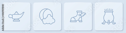 Set line Magic lamp or Aladdin, Hermes sandal, Moon stars and Witch cauldron. White square button. Vector