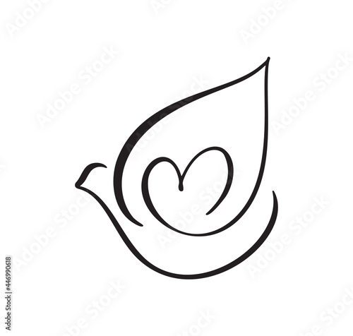 Vector Love dove with heart logo design template icon. pigeon carrying heart in doodle style. line art bird