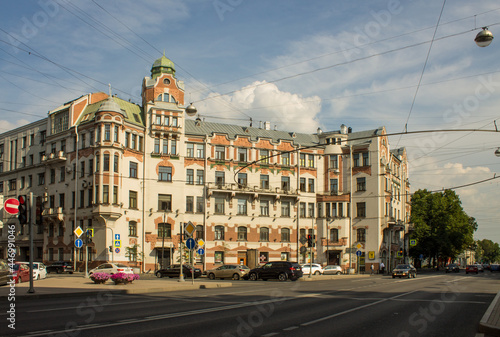 historic house on the Austrian square on the Petrogradskaya side and the roadway on a clear summer day and a space for copying in Saint-Petersburg