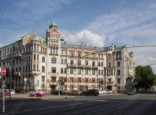 Saint PETERSBURG, RUSSIA-July, 15, 2021: a historic house on the Austrian square on the Petrogradskaya side and the roadway on a clear summer day and a space for copying