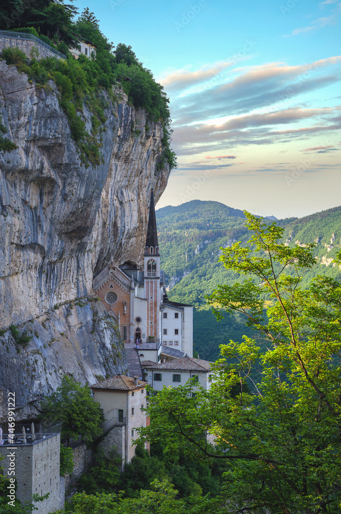 View of the Sanctuary of Madonna of the Corona, it is a place of silence and meditation hidden in the heart of the Baldo rocks, Verona, Lombardy, Italy.
