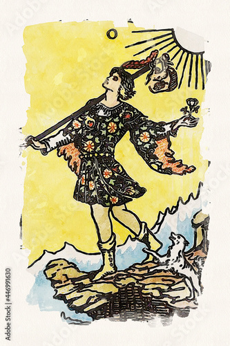 Fényképezés Painting Of The Fool Major Arcana Tarot Card In Watercolor Style Inspired By The Fool Tarot Card From The Rider-Waite-Smith Tarot Deck