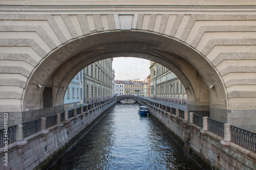 Saint Petersburg, Russia-July, 15, 2021: a view of the water channel-a winter groove on a clear summer day and a space for copying