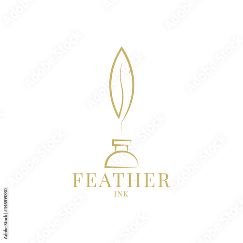 Quill Feather Pen and, ink bottle. Minimalist Signature silhouette logo design vector