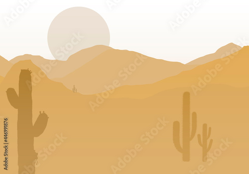 Raster landscape of silhouettes of mountains, deserts, cacti in ochre, brown and orange colors. The illustrations of the sky, cacti and mountains are interesting and suitable for backgrounds, postcard