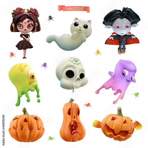 Happy Halloween. 3d vector cartoon icon set. Little witch, funny vampire, friendly slime ghosts, skull, cat spirit, pumpkins, small spiders