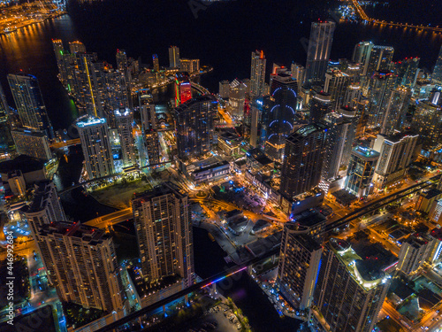 epic drone shot of downtown miami skyline at night