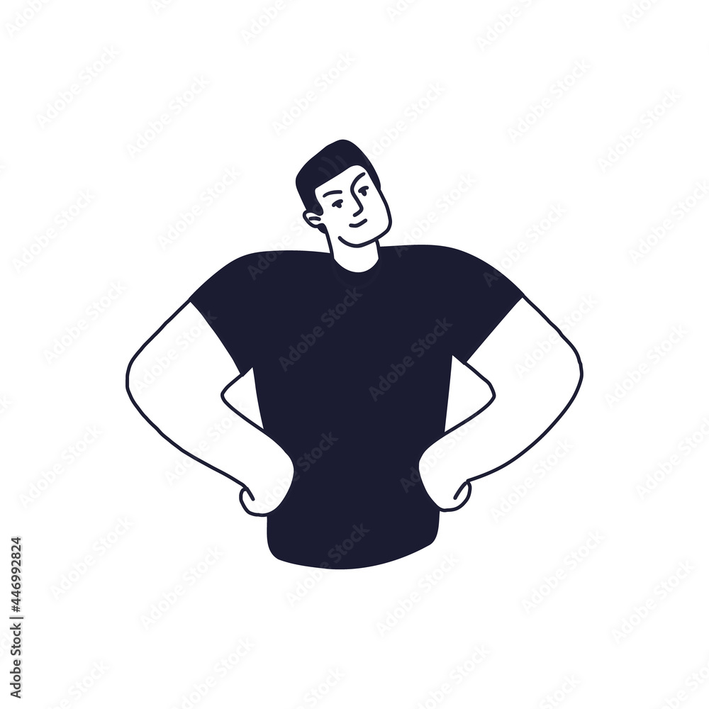 A young man in a positive mood stands in a superhero pose. Young caucasian man in a t-shirt. Isolated vector fully editable illustration on white background. A young man in a positive mood stands in a superhero pose. Young caucasian man in a t-shirt. Isolated vector fully editable illustration on white background.