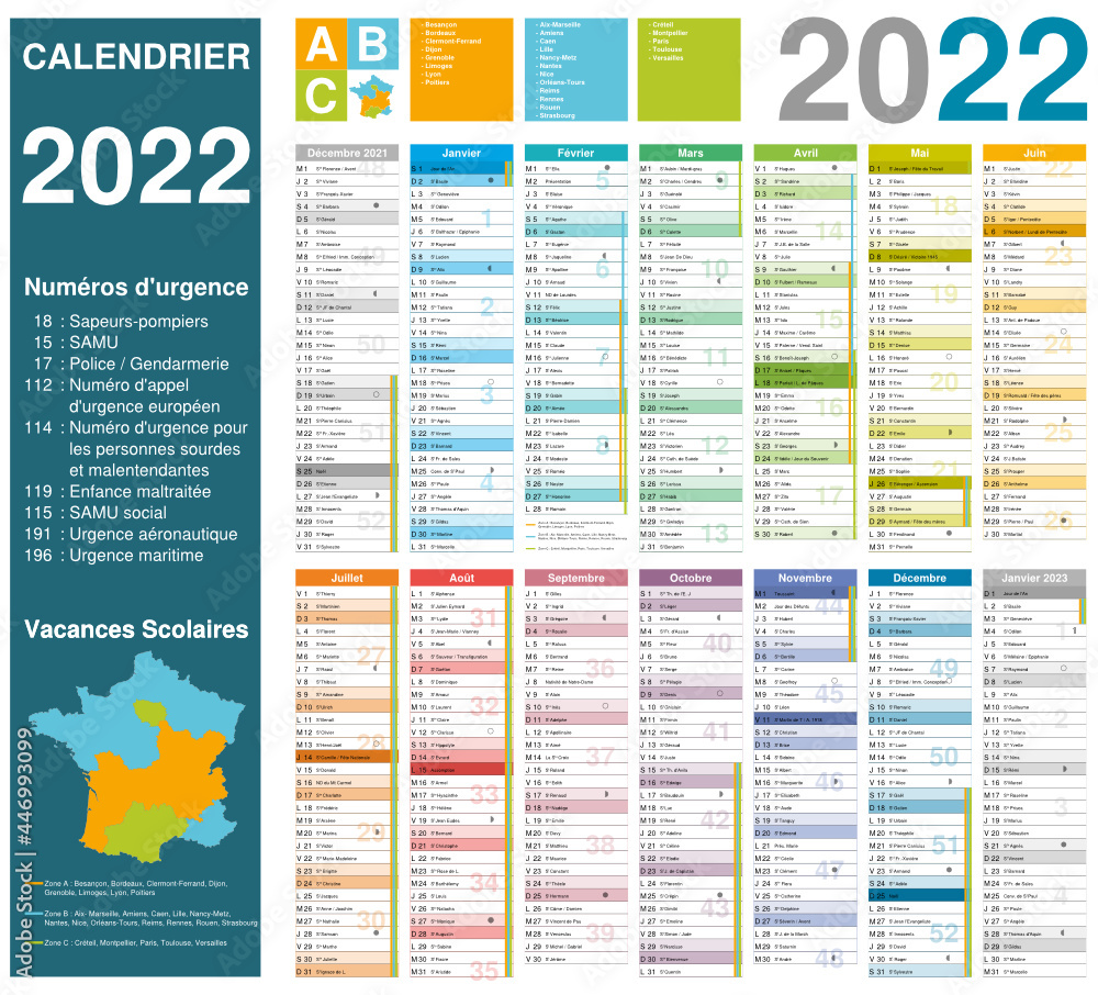 Naklejka premium Calendrier 2022 14 mois avec vacances scolaires 2021-2022 et 2022-2023 officielles entièrement modifiable via calques et texte arial