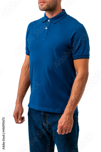 a man in a blue polo shirt and shorts isolated on a white background, men's t-shirt copy spac