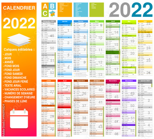 Calendrier 2022 14 mois avec vacances scolaires 2021-2022 et 2022-2023 officielles entièrement modifiable via calques et texte arial