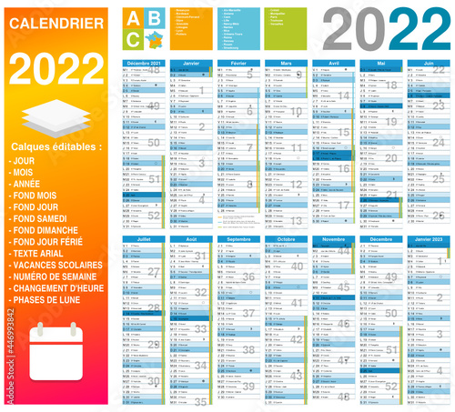 Calendrier 2022 14 mois avec vacances scolaires 2021-2022 et 2022-2023 officielles entièrement modifiable via calques et texte arial