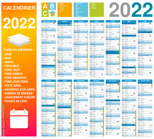 Calendrier 2022 14 mois avec vacances scolaires 2021-2022 et 2022-2023 officielles entièrement modifiable via calques et texte arial