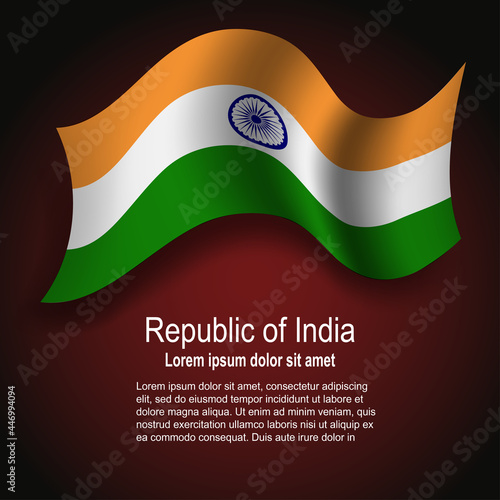 Flag of India flying on dark background with text