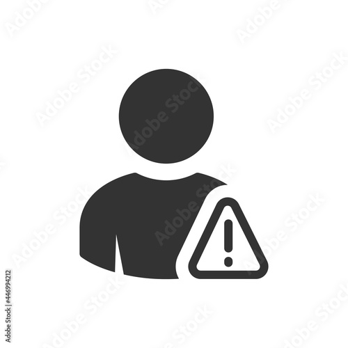 User profile caution or important notice identification. Personal fake account or fraud risk data alert notification. Invalid User symbol. Warning, error, spam