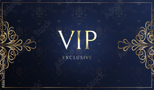 Vip card vectors. Gold card. Blue lilac gradient geometric ornament pattern in oriental style. Background with gold lettering invitation. Luxury design for VIP members. Shine and luxury.