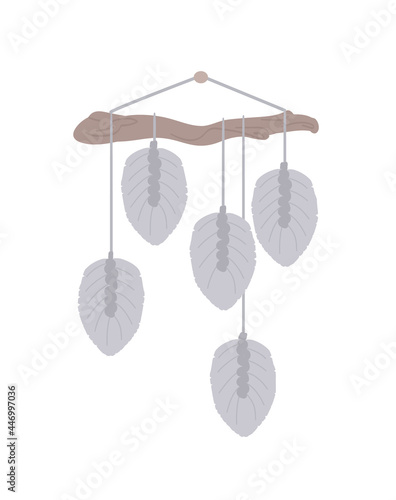 Macrame with Leaves ornament. Panel of cord, wall hanging. Diy stylish interior decor. Wicker hand made modern Scandinavian. Isolated on white background. Vector illustration