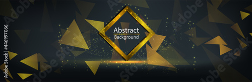 Abstract 3D mesh background with circles and particles on a dark background. golden rhombus shape on background. vector illustration. 