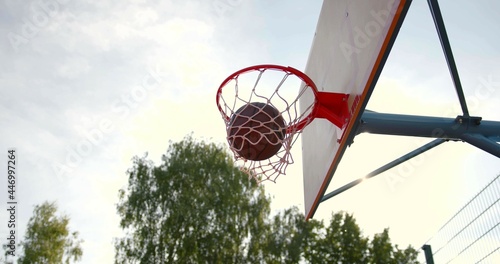 A ball in a basketball hoop