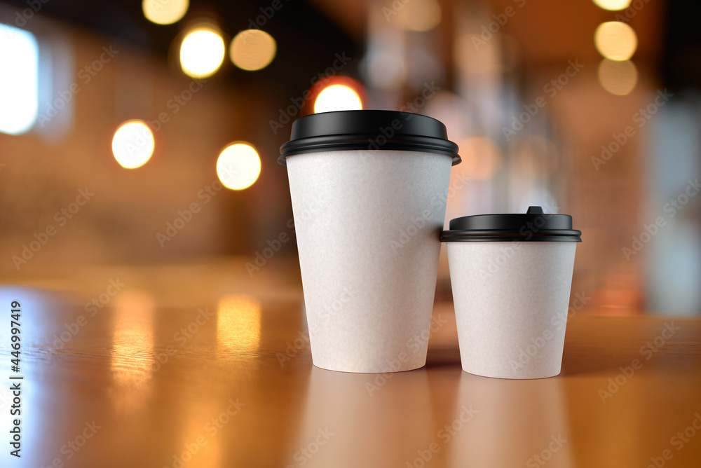 White cups with coffee, mock up. 3D rendering and photo. White cups with coffee, mock up. 3D rendering and photo.