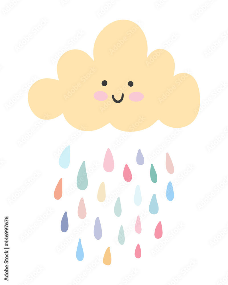 Fototapeta premium Cute yellow baby cloud with smiling kawaii face and rainbow rain drops. Sweet nursery poster design. Vector illustration in childish simple Scandinavian hand drawn style isolated on white background