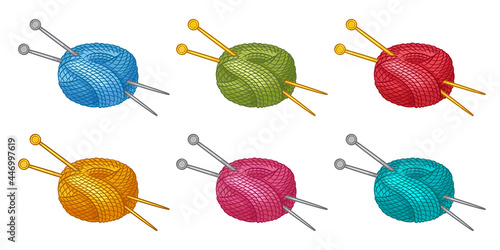 Colorful skein of thread or yarn with knitting needles icon set. Ball of wool filament for knitted. Tool for handmade knit. Clew for handicraft hobby create knitwear. Female needlework cartoon vector 