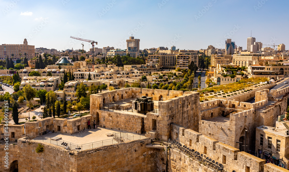 Panoramic view of Jerusalem with King David and Plaza Hotel and Mamilla quarter seen from Tower Of David citadel in Old City in Israel