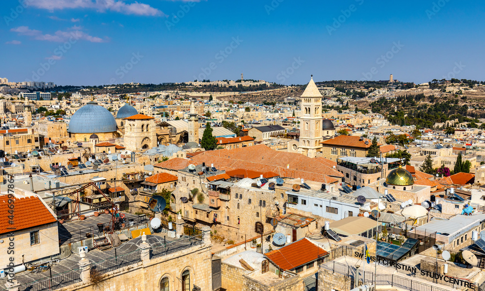 Panoramic view of Jerusalem Old City with Christian Quarter over Omar Ibn El-Khattab Square seen from Tower Of David citadel in Israel