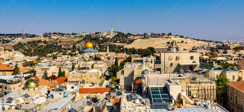 Panoramic view of Jerusalem with Temple Mount, Dome of the Rock, Al Axa mosque and Mount of Olives seen from Tower Of David citadel in Old City in Israel