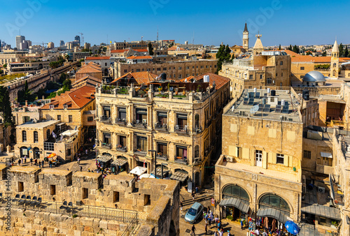 Panoramic view of Jerusalem Old City with Christian Quarter over Omar Ibn El-Khattab Square seen from Tower Of David citadel in Israel photo