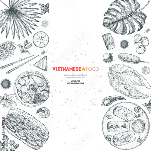 Vietnamese food poster. A set of vietnamese dishes. Food menu design template. Hand drawn sketch vector illustration. Engraved style.