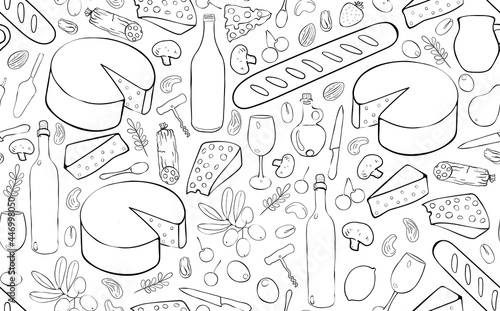 Seamless Hand Drawn Pattern with Wine and Cheese. Doodle Food Background. Vector illustration.