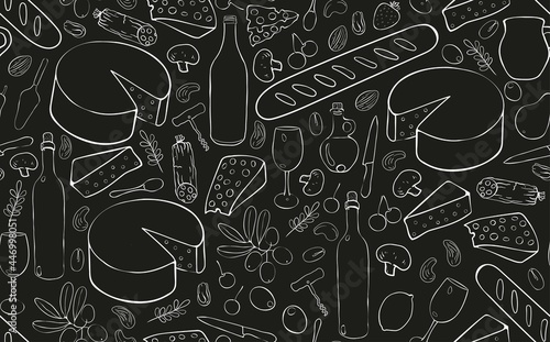 Seamless Hand Drawn Pattern with Wine and Cheese. Doodle Food Background. Vector illustration.