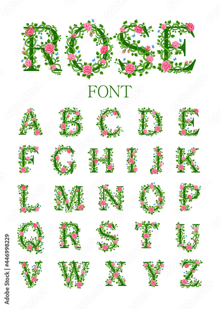 Pink roses font. Beautiful flower alphabet. Letters with pink roses ...