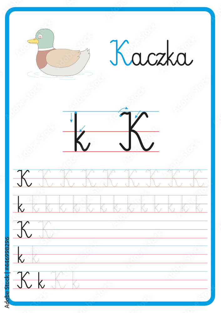 Plansza do nauki pisania liter alfabetu, litera k - obrazy, fototapety, plakaty 