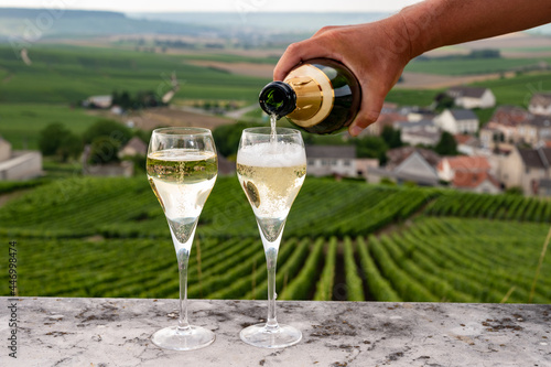 Tasting of brut and demi-sec white champagne sparkling wine from special flute glasses with Champagne vineyards on background near Cramant, France photo