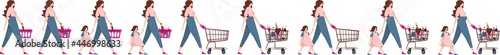 Comic book series. Mom pushes a full shopping cart and holds the child by the hand. The family of a mother and child in a grocery store. flat vector illustration. All stages of purchases.