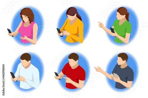 Isometric Characters with Phone Woman and Man. Men and Women Holding Mobile Phone in Hands. Online Communication and Conversation with Smartphone