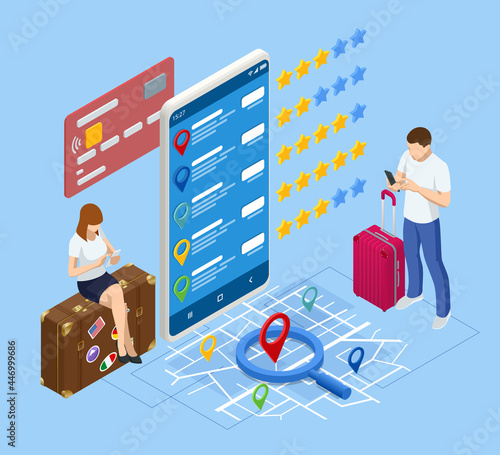 Isometric tourists choosing hotel and booking room online. Hotel search, booking online, apartment reservation.