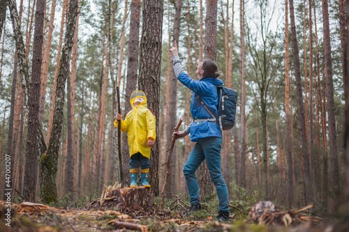 Mom and child walking in the forest after rain in raincoats together, looking at the sky