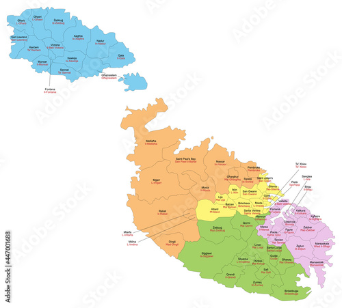 Carte de Malte avec divisions administratives par conseils locaux et r  partition par r  gions - Libell  s en anglais et en maltais - Textes vectoris  s et non vectoris  s sur calques s  par  s