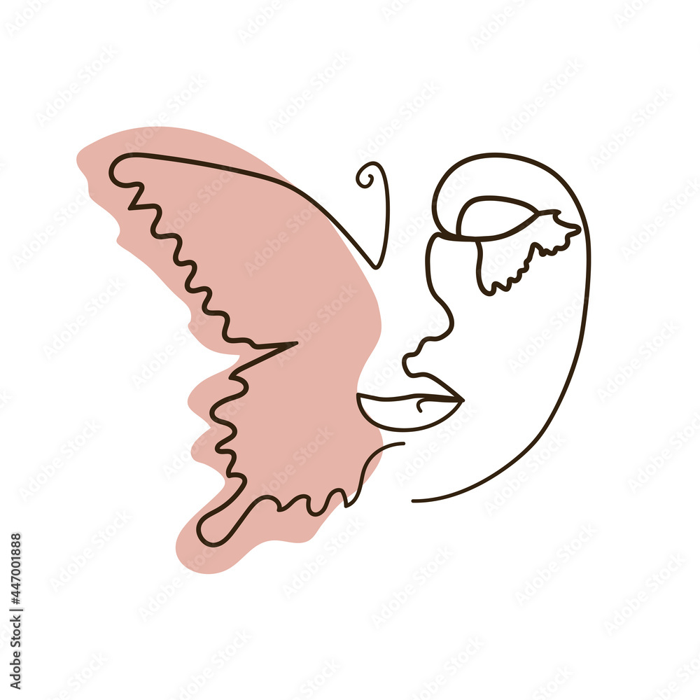 abstract face with butterfly one line drawing. Portret minimalistic style abstract face with butterfly one line drawing. Portret minimalistic style