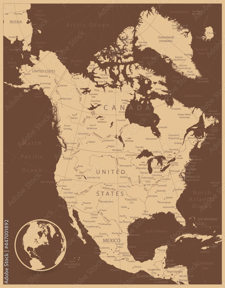 Naklejka premium North America Antique Map. Highly detailed map. All elements are separated in editable layers clearly labeled.