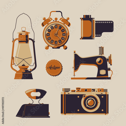 Vector set of vintage items: sewing machine, kerosine lamp, alarm clock, ancient iron, mechanical camera and film scroll.